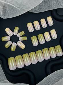 Coffret de 24 faux ongles carrés - Dégradé vert cœur de cerise design 3D doux, détachable et réutilisable, livré avec une lime à ongles et une colle de gelée, idéal pour les sorties de rencontres, l'utilisation quotidienne et les sorties printanières des dames. Ongles à pression - Vert - Voir 2