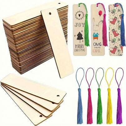70pcs Wooden Blank Bookmarks DIY Wooden Craft Bookmarks Wooden Laser Cut Wooden Pendant Wooden Square Tags (35 Bookmarks + 35 Tassels) Tassel Colors Random Back To School