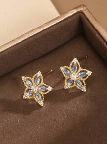 1 Pair S925 Sterling Silver Earrings With Light Blue Zirconia Flower Design, Golden Hollow, Versatile & Delicate Jewelry, Elegant Gift For Women - Gold - View 2