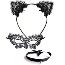 1 Set White Lace Sexy Bell, Black Lace Cat Ear Headband, White Lace Gloves, Necklace - Cat Princess Costume Prom - Black - View 1