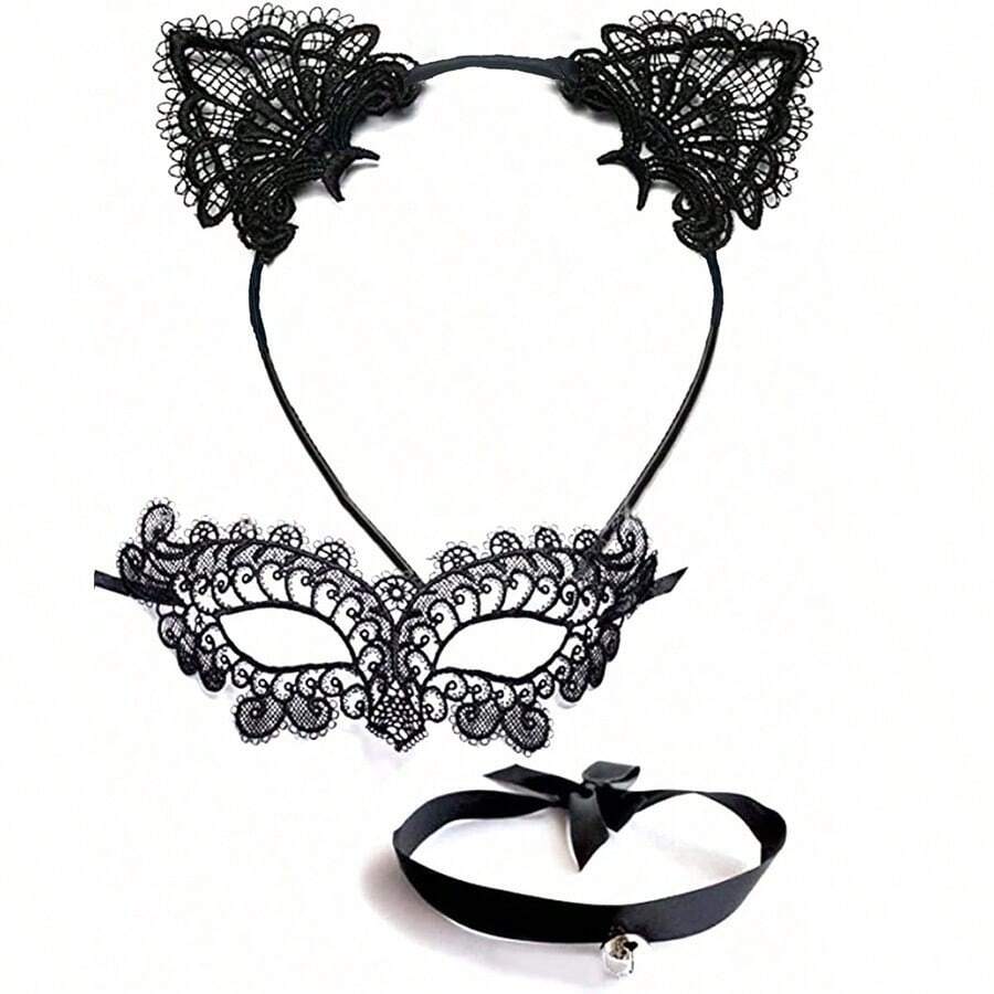 1 Set White Lace Sexy Bell, Black Lace Cat Ear Headband, White Lace Gloves, Necklace - Cat Princess Costume Prom - Black - View 1