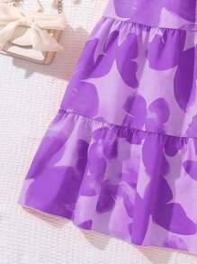 Left Mama Tween Girl' Sweet Round Neck Butterfly Print Puff Sleeve Smock Princess Dress, Summer