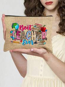 Bolsa de maquillaje con estampado de "Maestro" como regalo de aprecio al maestro, monedero de lino caqui, bolsa de cosméticos con forro y sin cierre - perfecto para educadores y personal escolar, regalo de agradecimiento al maestro, accesorios casuales y elegantes para salidas, vacaciones, viajes diarios, bolsa de cosméticos, regalo de cumpleaños para mamá, amiga