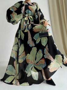 Vestido elegante y modesto con cuello redondo, mangas farol y estampado floral para mujer