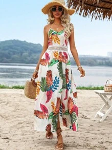 Vestido Largo Con Estampado Tropical Para Mujer,Vestido Con Tirantes Huecos,Vestido Con Escote En V Profundo,Para Vacaciones En La Playa - Blanco - Ver 6