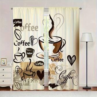 2pcs Coffee Themed Curtains, Curtains 84inch Long,Rod Pocket Decorative Window Drapes, Window Treatments For Bedroom Living Room, Home Decoration, Room Decoration