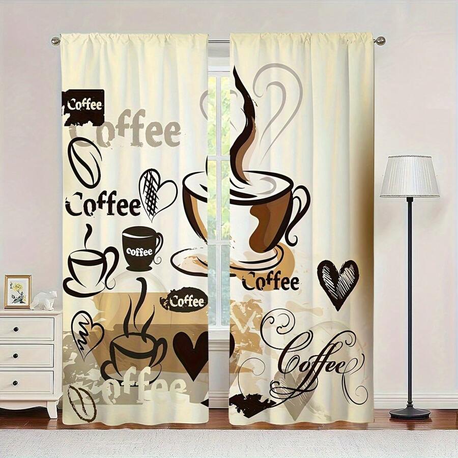 2 piezas de cortinas con tema de café, de 84 pulgadas de largo, cortinas decorativas con bolsillo para barra, adecuadas para dormitorio, sala de estar, decoración del hogar, decoración de habitación - Multicolor - Ver 1