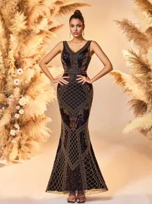 美人鱼下摆图案串珠 & 繁重工作 & 对称设计舞会礼服优雅正式晚间婚礼宾客礼服，适合毕业典礼、晚宴派对礼服 - 黑色 - 查看 6