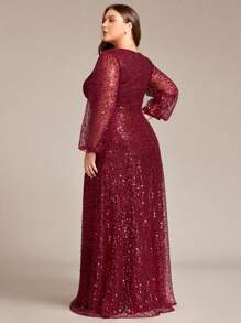 EVERPRETTY Plus Size Women's Luxurious V-Neck Burgundy Lantern Sleeve Formal Evening Gown, Party Dress, Spring/Summer Wedding Guest Dress, Holiday Dress - Burgundy - View 3
