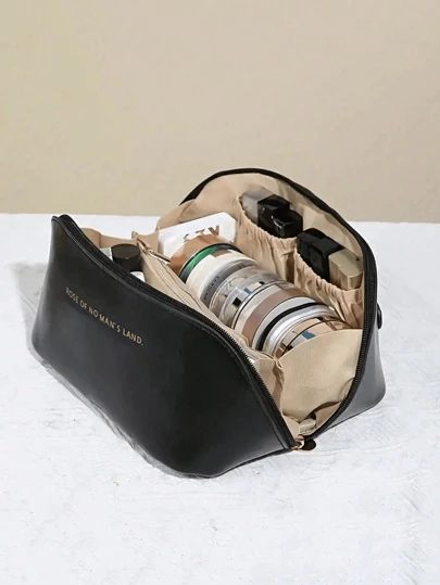 1pc PU Leather Waterproof Makeup Bag, Cosmetic Organizer Pouch, Lightweight Toiletry Bag, Waterproof PU Skincare Bag, Large Capacity Double Layer Makeup Bag With Compartments, Cosmetic Travel Bag