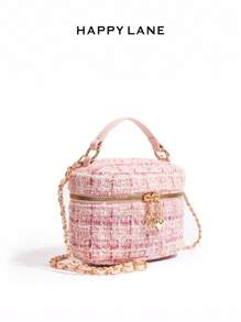 Túi đeo vai nữ HAPPY LANE bằng vải tweed mềm mại, chất liệu len, kiểu dáng cổ điển, thanh lịch với quai đeo đính ngọc trai, phong cách đa năng phù hợp cho mua sắm, đi chơi, công sở và các dịp buổi tối. - Màu Hồng  San hô - Xem 6