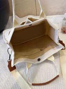 Striped Corduroy Foldable Tote Bag, Large Capacity - White - View 6