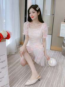 RUIWY 春夏束腰珍珠串珠雪纺迷你连衣裙，迷人设计 - 粉色 - 查看 6