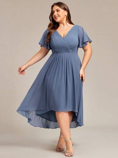 EVERPRETTY Plus Size Women Double V-Neck Ruffles Sleeve A-Line Chiffon Midi Wedding Guest Dress, Bridesmaid Dress