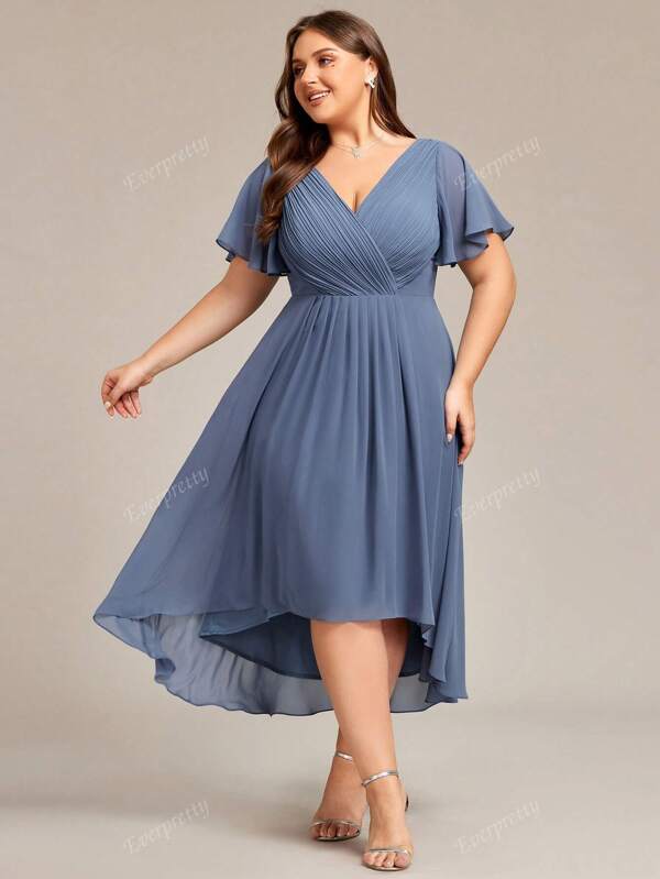 EVER-PRETTY Damen Große Größen Midi Chiffonkleid mit Volants an den Ärmeln, V-Ausschnitt vorne und hinten, A-Linie Schnitt, Hochzeitsgast Kleid, Brautjungfernkleid