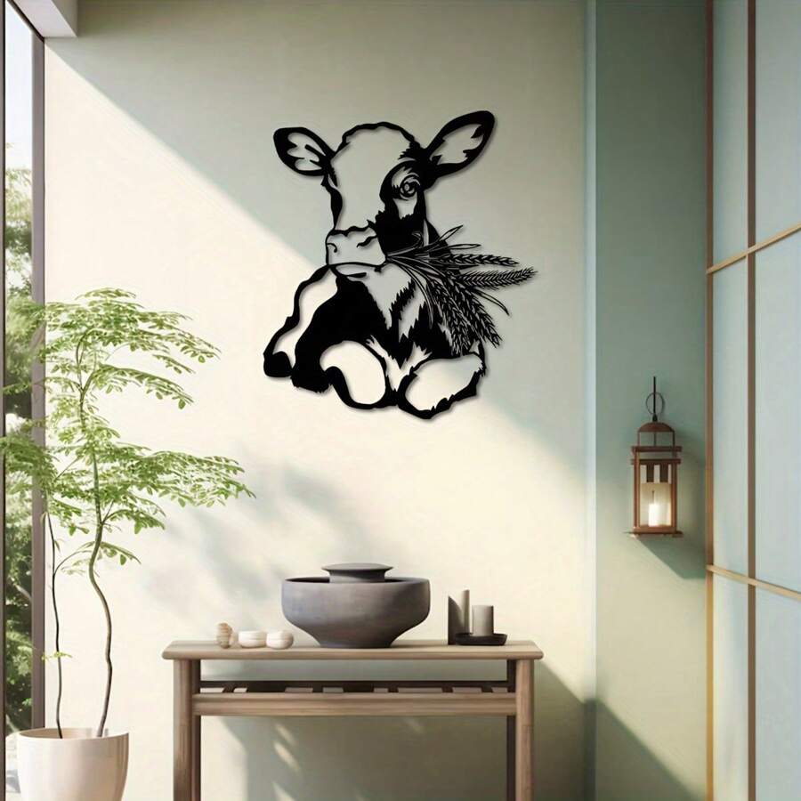 1 pieza Encantadora decoración de pared de metal con diseño de vaca - 14.02 pulgadas X 15.75 pulgadas, decoración rústica, señal de ternera caprichosa, decoración moderna y única para el hogar, elegante decoración colgante, regalo perfecto de inauguración de la casa