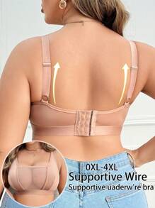 Plus Size Comfortable Solid Color Mesh Patchwork Wireless Bra - Apricot - View 3