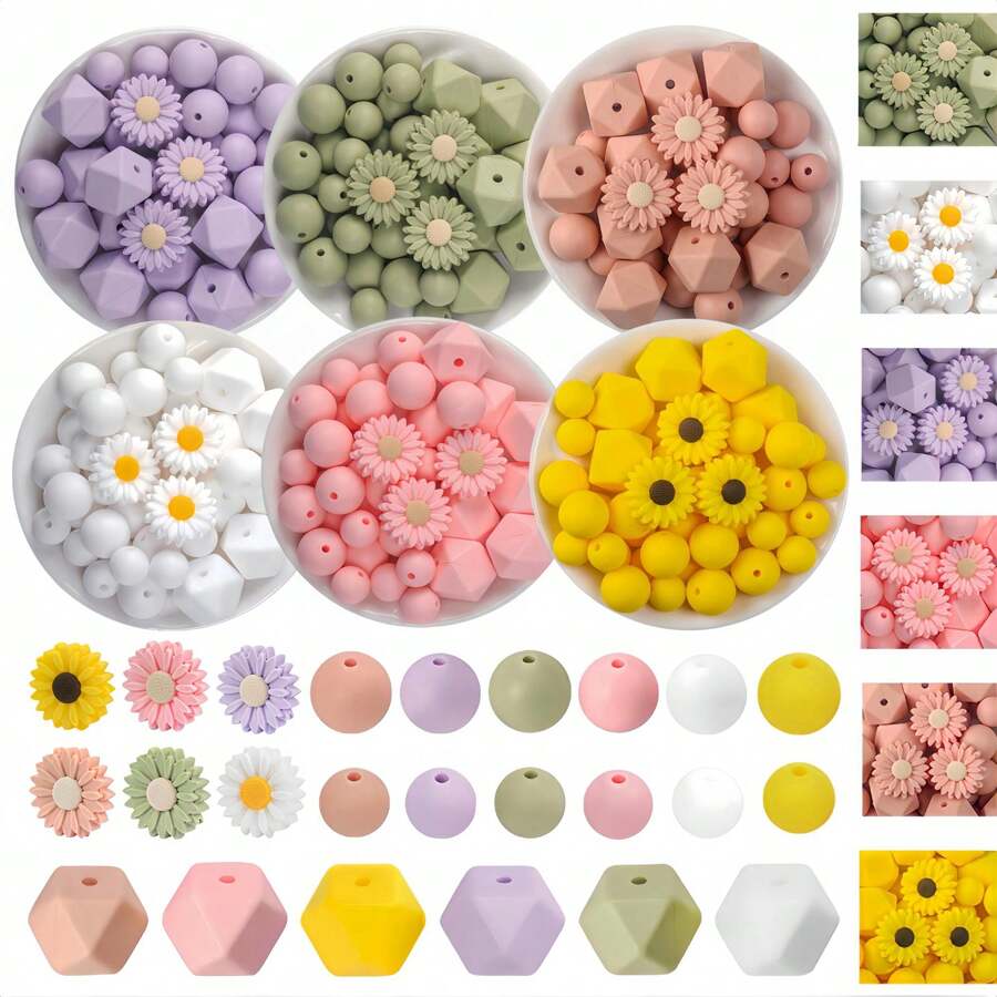 43 件雏菊/圆形/六角形单色 DIY 串珠套装，12/15/17/22mm 硅胶珠，包括串珠笔/钥匙链配件，男女通用手工礼物，非常适合学生/白领/手工艺爱好者 - 圓形六角形雛菊花朵單色組合套裝 - 查看 1