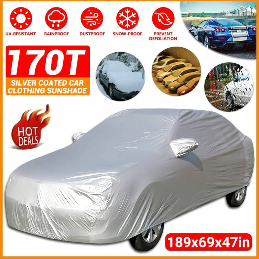 Silver Tone 170T Car Cover, Outdoor Anti-Scratch Heat Resistant Waterproof Car Covers For Automobiles All Weather Season UV Protection Snowproof Outside Full Cover Universal Up To 190'' - Silver - View 1