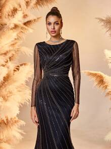 Women Elegant Black Beaded Wedding Guest Dress, Long Sleeve Striped Maxi Dress With Flowy Hem, Party Dress, Prom Dress - Black - View 8