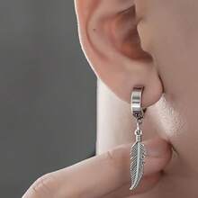4pcs/Set Punk Hip-Hop Earrings, Men Creative Feather Ear Clips, Stainless Steel Fashion Style Ear Jewelry