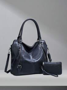 Ladies' Portable Tote Bag Large Capacity Soft Leather Shoulder Bag Classic Solid Color Letter Bag With Adjustable And Detachable Shoulder Strap - Blue - View 2