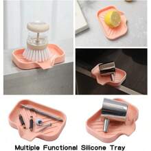 Silicone Bathroom Soap Dishes With Drain Spout-Bathroom And Kitchen Sink Organizer,Sponge Holder,Dish Soap Tray,Perfect For Dispenser,Scrubber,Bottle,Cup On Sink Or Counter-Coffee 4.9"*3.2" - 粉色 - 查看 5