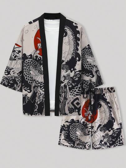 Men's Autumn Cartoon-Style Red Moon Dragon Print Happi Coat Set