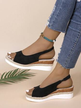 Platform Open Toe Sandals For Women, 2024 Summer New European & American Hollow Out Casual Thick Bottom Plus Size Ladies Shoes