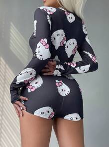 Sanrio 1pc Women Sexy V-Neck Half-Open Front Long Sleeve Printed Romper, Fall, Winter