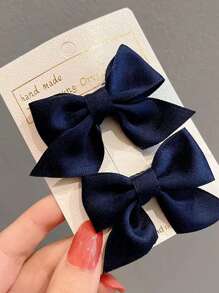 2pcs/Set Korean Style Bow Hairclips For Girls, Cute Small Size Barrettes, Hair Accessories For Toddlers & Kids - Navy Blue - View 5