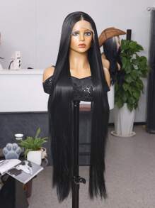 Halloween kostuumpruik T-stuk kantpruiken met babyhaar 13x4x1 synthetische vezel geïmporteerd uit Japan 40 inch zwart extra lang steil haar synthetische vezel hittebestendige pruik elastische mesh-kap geschikt voor verschillende rassen dagelijkse bijeenkomsten, hoogwaardige natuurlijke en mooie synthetische zachte nepvezelhaar voor vrouwen