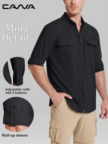 Cavva 男士夏季 UPF50+ 防水快干钓鱼衬衫 100% 涤纶网眼可变袖 3 个实用口袋 钓竿架 太阳镜环 内置眼镜布 纽扣袖口可调节