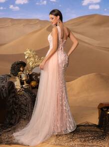Faeriesty Elegant Off-Shoulder Beaded Mermaid Gown, High Slit, Back-Tie Detail, Perfect For Red Carpet Galas, Black-Tie Weddings, Luxury Award Ceremonies - Pink - View 3