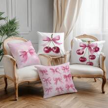 4pcs 17.7*17.7in(45*45cm) Pink Cherry Blossom Bow Print Pillow Cover [Single-Sided Printing] Home Decor Headboard Cushion Sofa Pillow Sham Peach Velvet Windowsill Cushion Cover [Pillow Insert Not Included], Suitable For Daily Use, Home High-End Minimalist Self-Use Decoration, Living Room Sofa Bedroom Bedhead Decoration, Small Car Pillow Cover Pillowcase