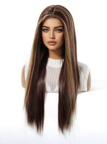 高品质舒适自然长直发女士假发 28 英寸长直发，金色亮点，无刘海，合成耐热纤维材料，适合度假、旅行、家庭聚会、角色扮演、日常佩戴
