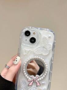 Funda de espejo de maquillaje decorativo con mariposa blanca de gota de pegamento, compatible con iPhone 16 Pro Max/15/14/13/12/11, resistente al agua, a los golpes y a los arañazos