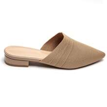 Women's Pointed Toe Mules | Low Heel And Shiny Look - Khaki - View 2