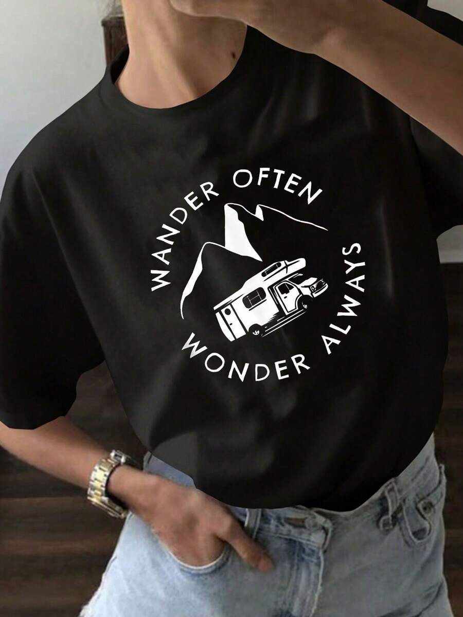 Wander Often Wonder Always RV Mountains Graphictees,Fashion Casual T-Shirt - 黑色 - 查看 1
