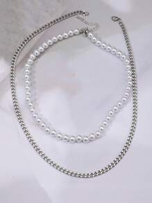 2 pièces/set de colliers avec double couche de faux perles et chaînes d'os de serpent. Ensemble de colliers ras-du-cou personnalisés à la mode. Collier vintage en acier inoxydable pour femmes - Argent - Voir 4