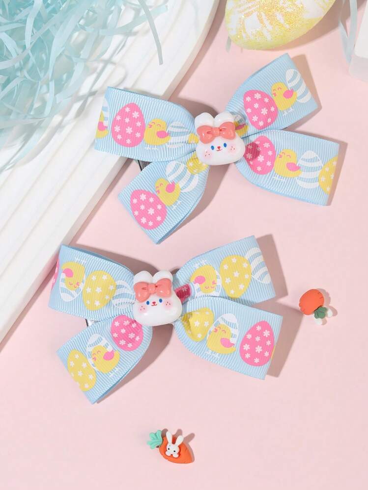 2pcs/Pack Spring Easter Bunny & Eggs Print Bowknot Hair Clips For Girls - Multicolor - View 5
