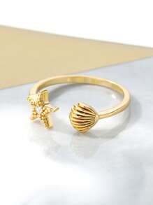 1Pc Marine Life Starfish Shell Ring With Zirconia, Dainty Ocean Sea Shell Open Adjustable Finger Ring, Ladies Jewelry Fashion Accessories