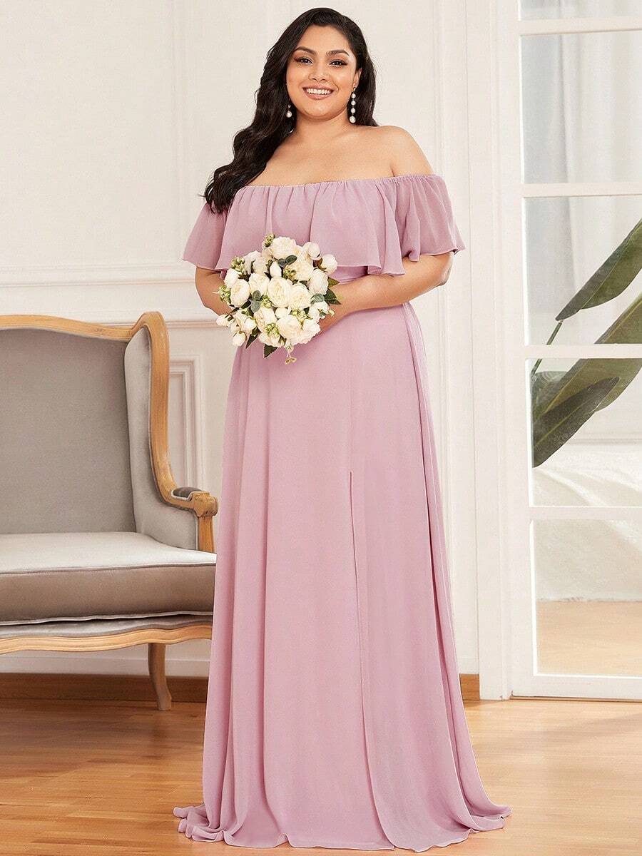 EVERPRETTY Vestido formal de dama de honor de talla grande con hombros descubiertos y abertura en el muslo - Rosa Pálido - Ver 1