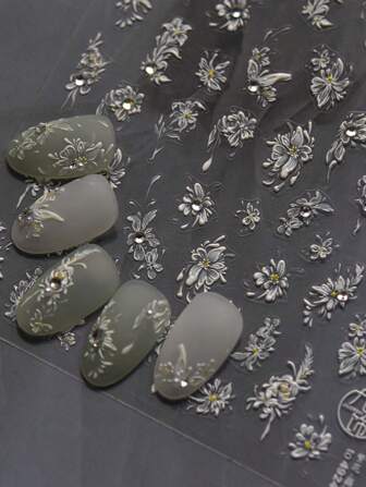 1 st utsökt vit blommig nagelkonstklistermärke 5D kristall diamantblomma självhäftande nagelklistermärke DIY-nageldesign