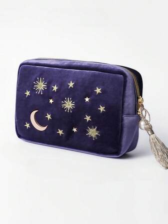 豪华化妆包，绣有星星和月亮图案，金属装饰，珍珠拉链头，宽敞的内部口袋，大容量手持化妆包