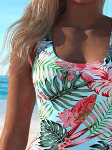 2025 New Sexy Floral Print Women's Bikini Swimsuit, European And American Style Popular Print One-Piece Swimwear - Blue Print - View 3