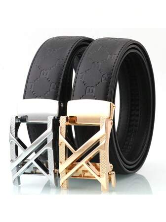 1pc PU Material Metal Buckle Embossed Breathable Luxury Automatic Buckle Belt, Suitable For Casual, Business, Teen, Summer, Outdoor, Athletic, Vacation, Travel, Graduation, Birthday, Daily Wear