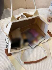 Striped Corduroy Foldable Tote Bag, Large Capacity - White - View 8