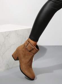 新款秋冬厚底圆头侧拉链时尚百搭高跟踝靴，弹性踝部设计，穿着舒适 - 棕色 - 查看 4