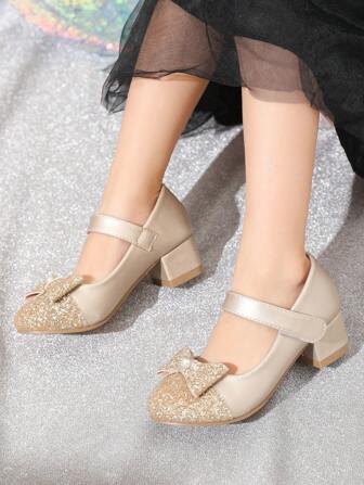 1 Pair Girls' Elegant Gold Colored Fashion High Heel Shoes With Bowknot Decor, Suitable For Parties And Daily Wear, Girls